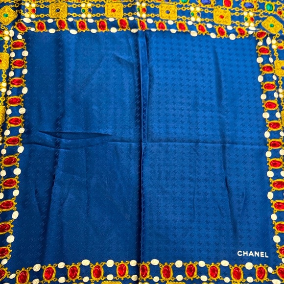 Authentic CHANEL Blue Scarf with Gold and Red Accents